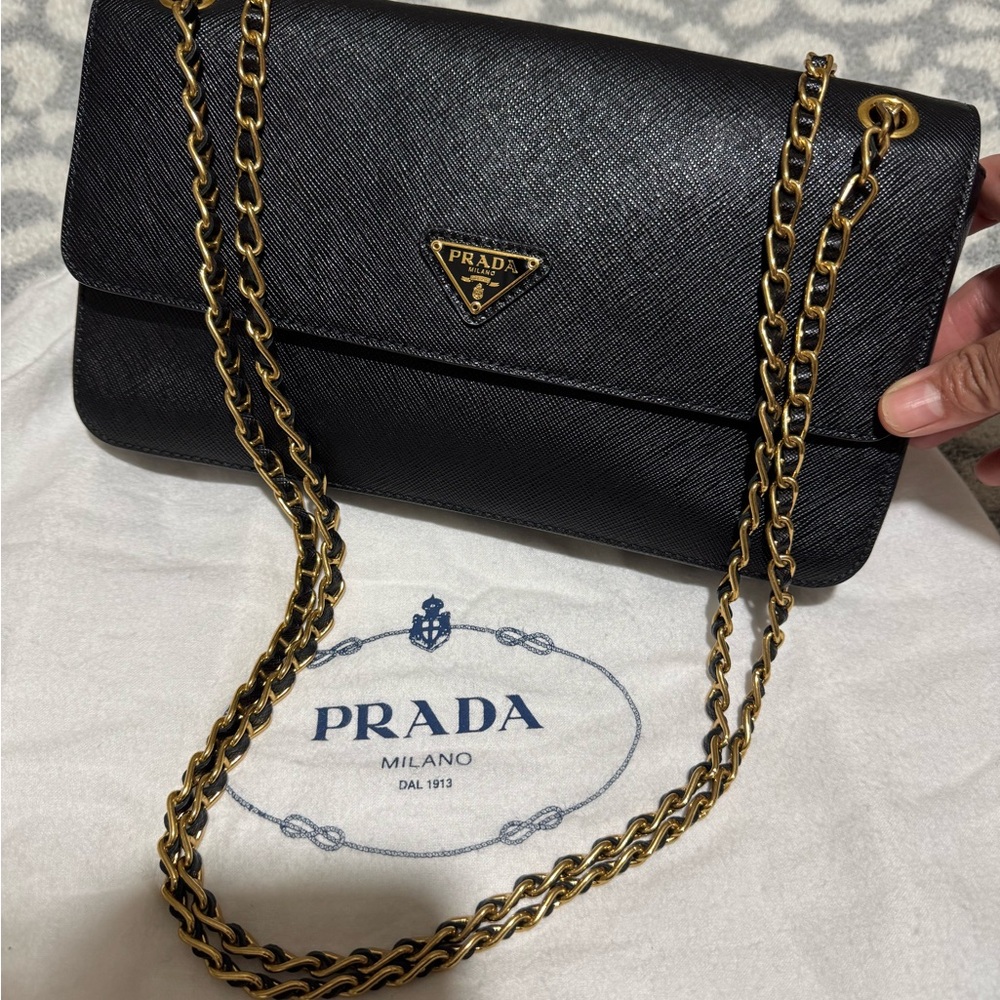 Saffiano Leather Black Prada Bag with Gold Chain